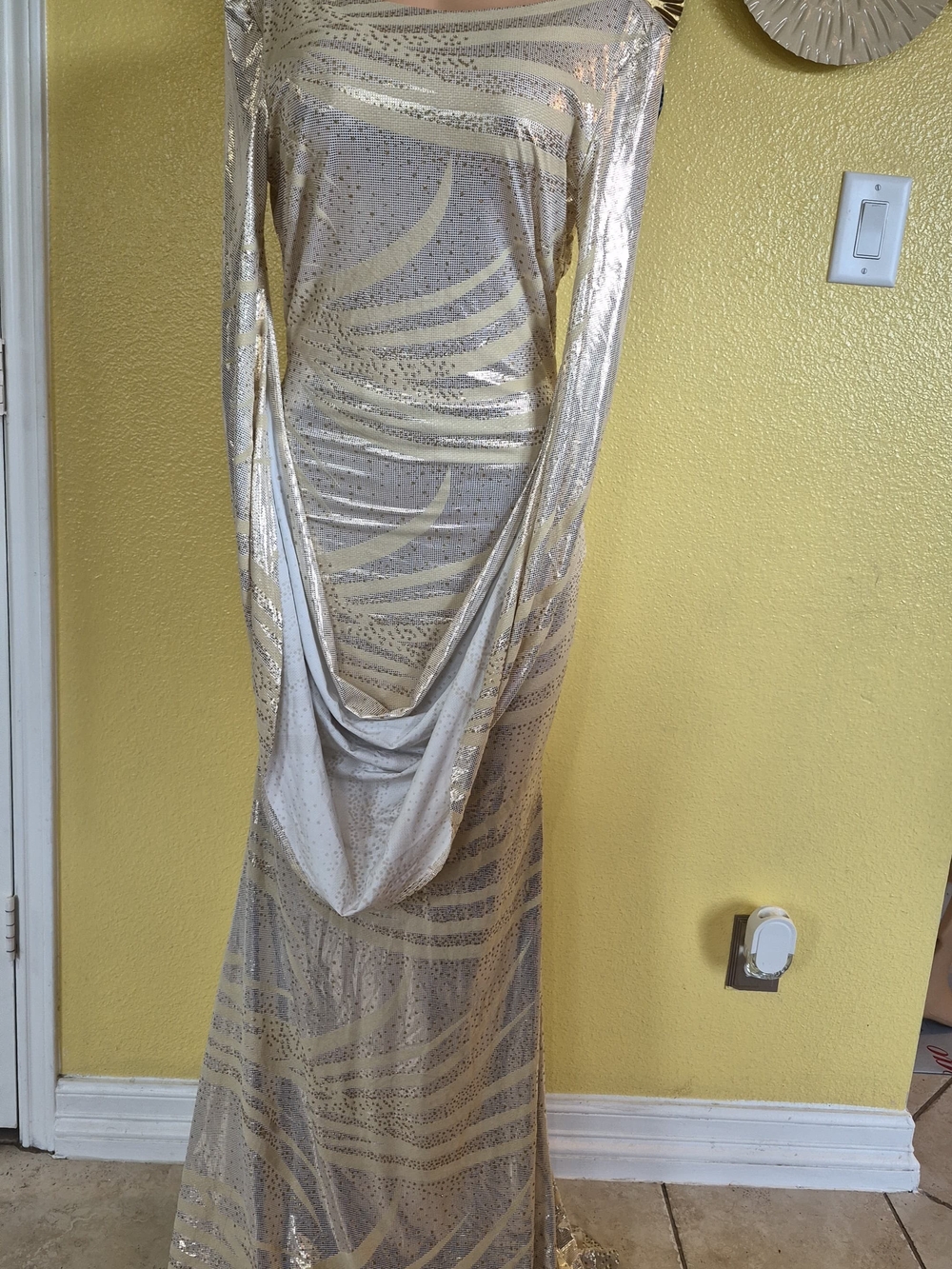 Va Va Voom Metallic Gold Sequin Draped Evening Gown